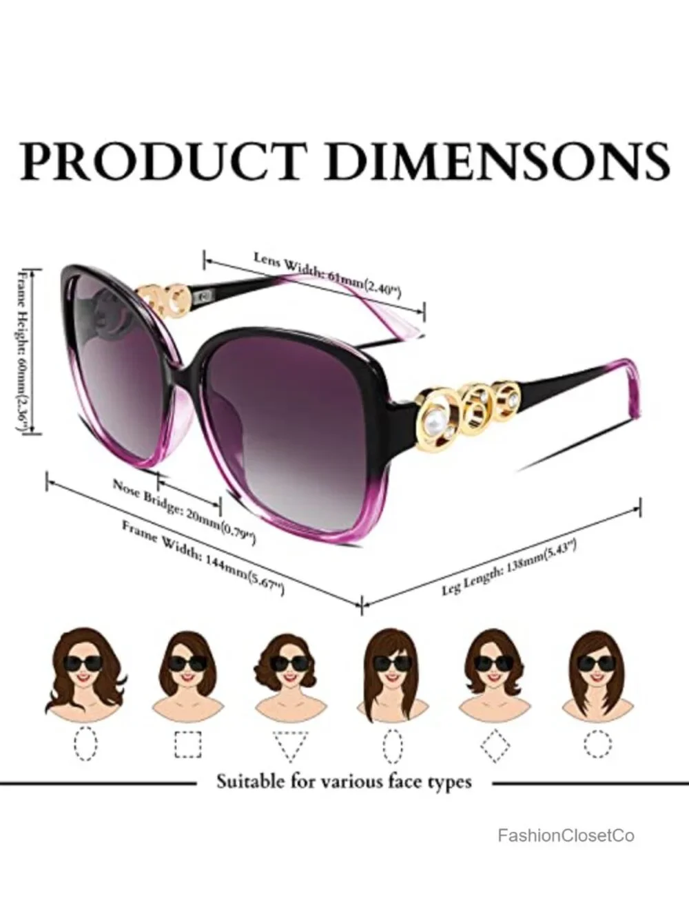 Oversized Square Frame Sunglasses with Pearl Sparkling, Polarized UV Protection